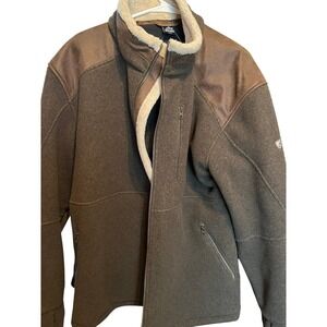 Kuhl Mens XXL Fleece Jacket Brown Full Zip Shearling Collar Suede Shoulders